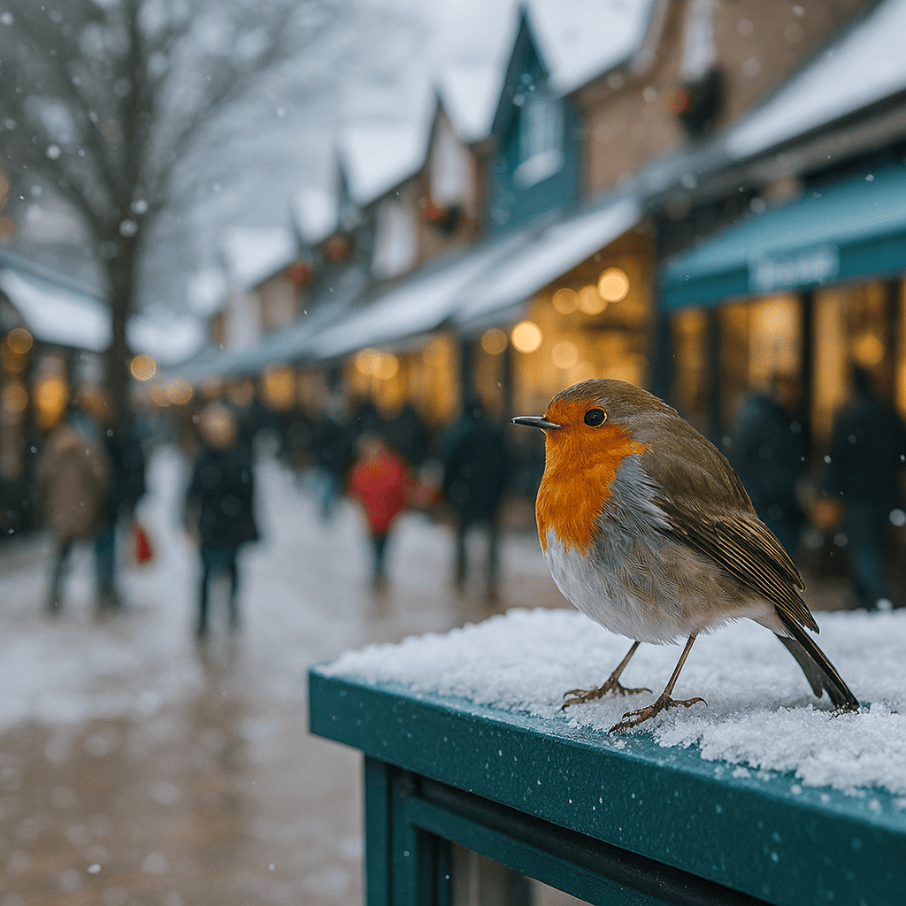 A red robin perched on a snowy storefront rooftop, watching bundled-up shoppers enter and exit decorated stores during a festive winter Black Friday scene.