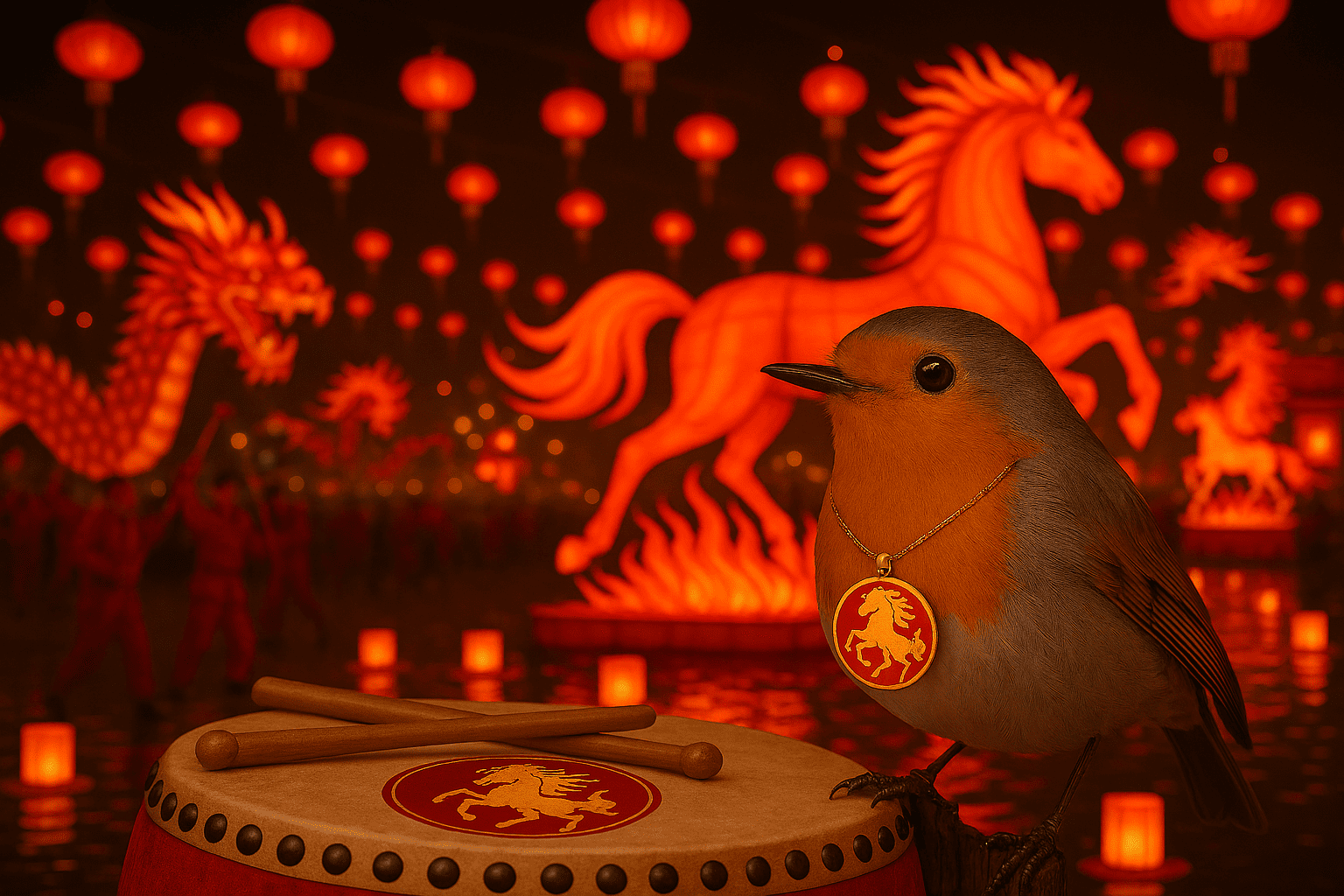 A glowing red and gold lantern shaped like a galloping horse, surrounded by smaller lanterns at a Lunar New Year festival.