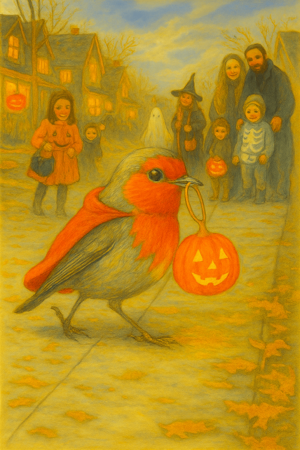 Red robin in costume trick-or-treating with children and families on Halloween night in a festive neighborhood