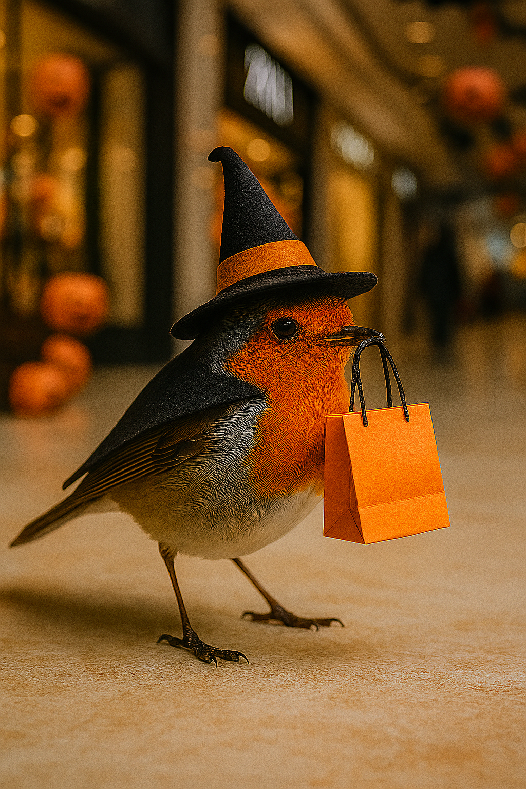 Red robin dressed as a witch shopping for Halloween deals in a festive mall