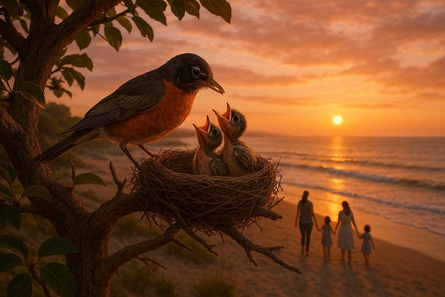 A red robin feeding its chicks in a nest on a coastal tree branch overlooking a beach at sunset, with mothers walking with their children along the shoreline below.