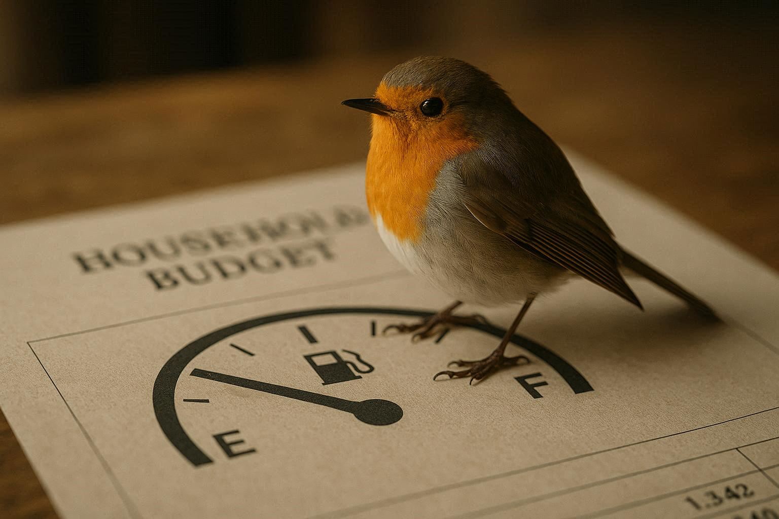 A family household budget scene with rising gas expenses, accompanied by a symbolic red robin representing resilience during economic uncertainty.