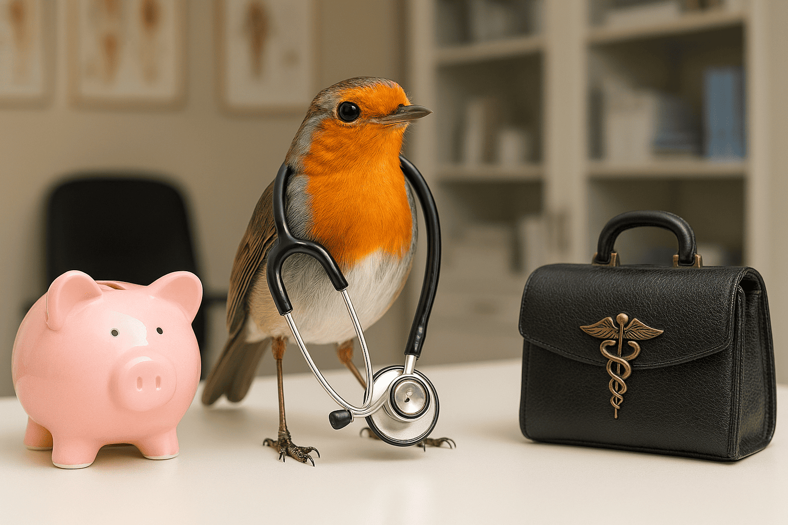 Red robin with stethoscope, piggy bank, and doctor's bag in a medical office