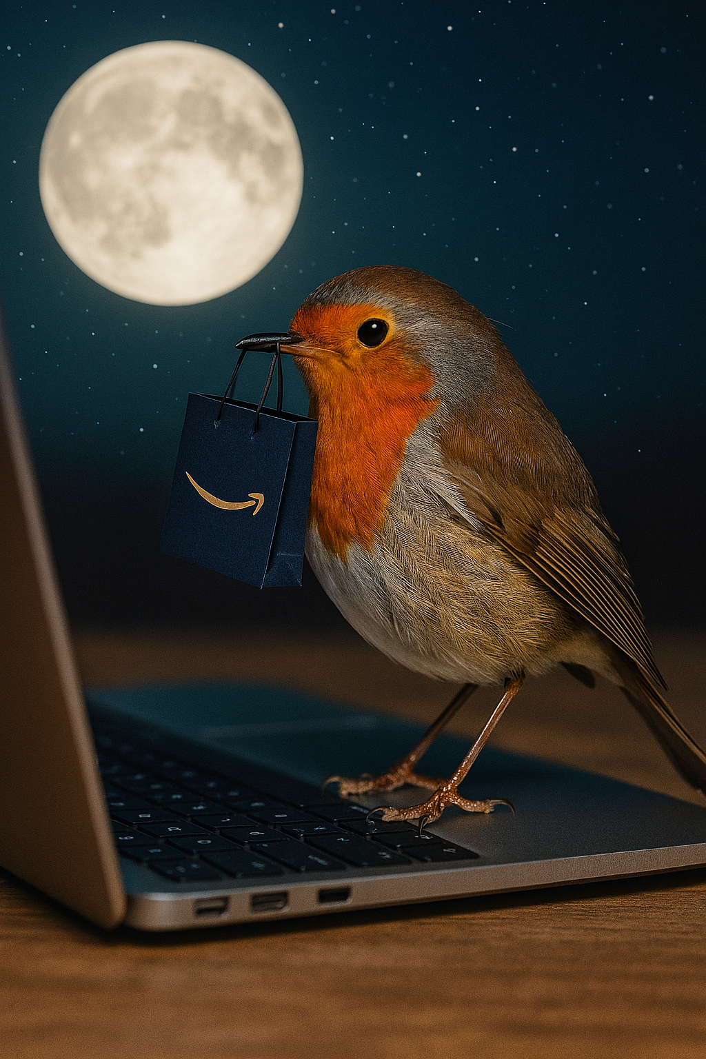 Festive red robin shopping under the supermoon