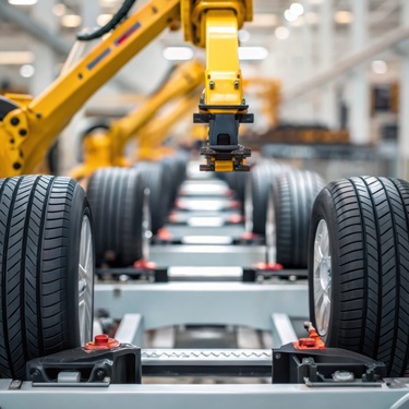 A conveyor belt with multiple sets of tires lined up in a row. There are robot arms on the side of the belt.
