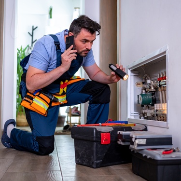 A man wearing blue overalls is kneeling on the ground while he’s holding a flashlight in one hand.