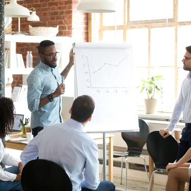 A business owner standing in front of a graph on paper depicting a line going up. There are other employees watching him.