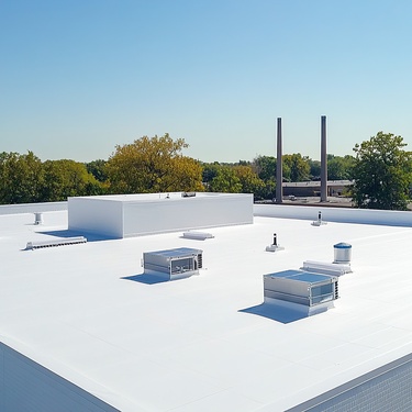 A large white flat commercial roof with vents and rooftop units on an industrial building with trees in the background.