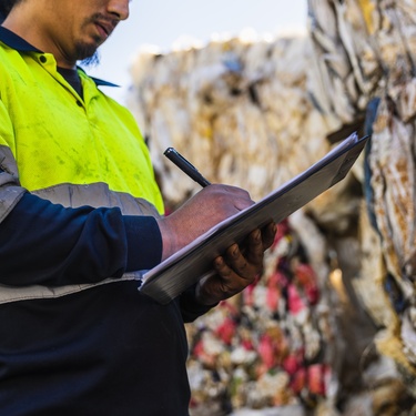 A waste management professional wears a high-vis jacket as they stand next to a pile of garbage pile and fill out paperwork.
