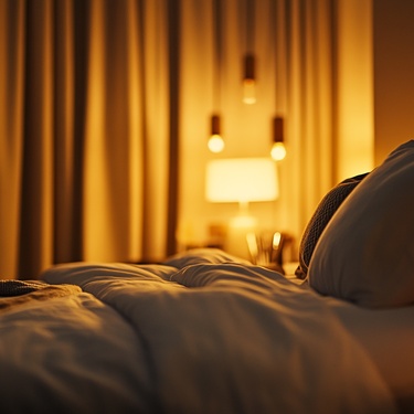 A bed sits in the middle of a bedroom. The lights are dim and warm, casting a soft orange glow over the room.