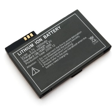 Black lithium-ion battery with printed safety warnings and gold connector terminals resting on a white background.
