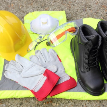 Yellow hard hat, safety vest, work gloves, black boots, goggles, glasses, and face mask arranged on concrete.