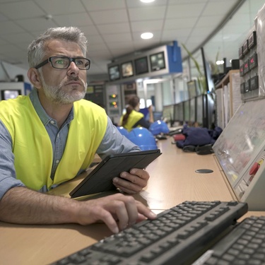 A technician in yellow safety gear holding a tablet while sitting near rows of gray electrical control cabinets.